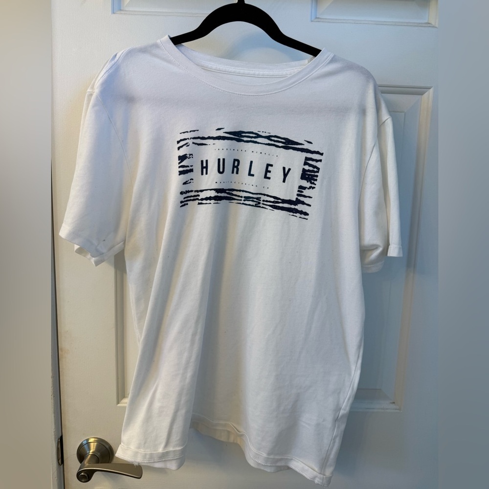 Hurley White and Navy Blue Logo Graphic Tee